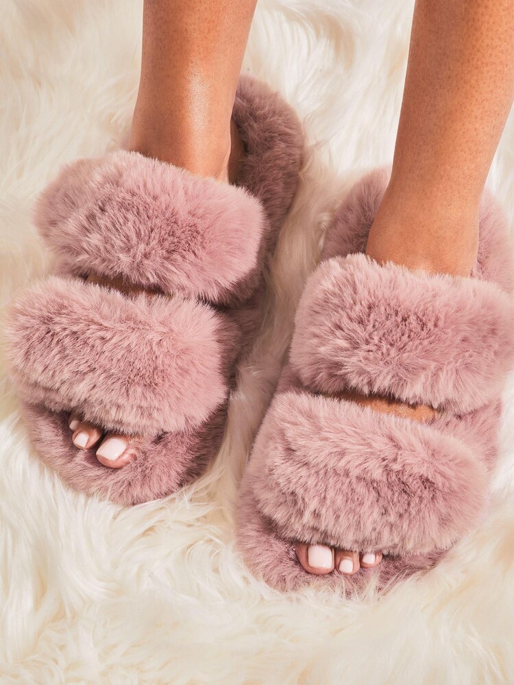 Różowy - Lipsy Faux Fur Double Strap Slippers - Image 2 of 4