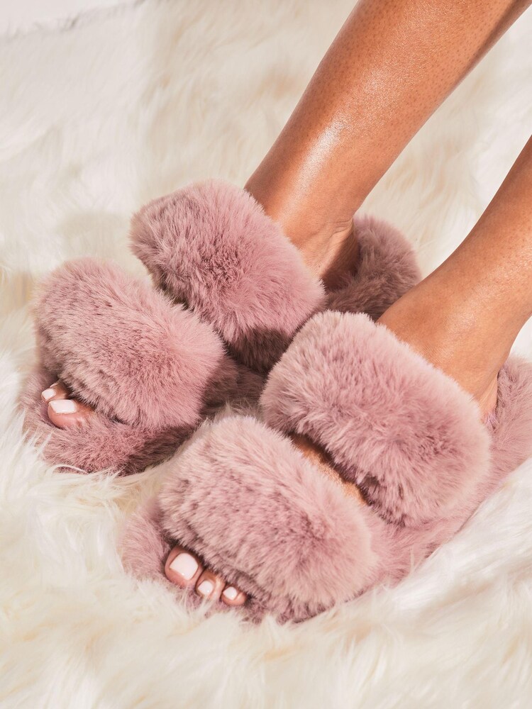 Różowy - Lipsy Faux Fur Double Strap Slippers - Image 3 of 4