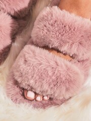 Różowy - Lipsy Faux Fur Double Strap Slippers - Image 4 of 4