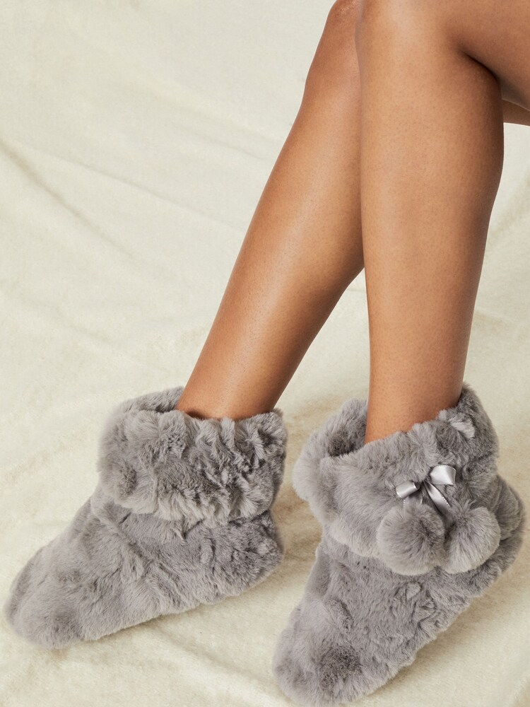 Lipsy Grey Faux Fur Pom Bootie Slippers - Image 2 of 3