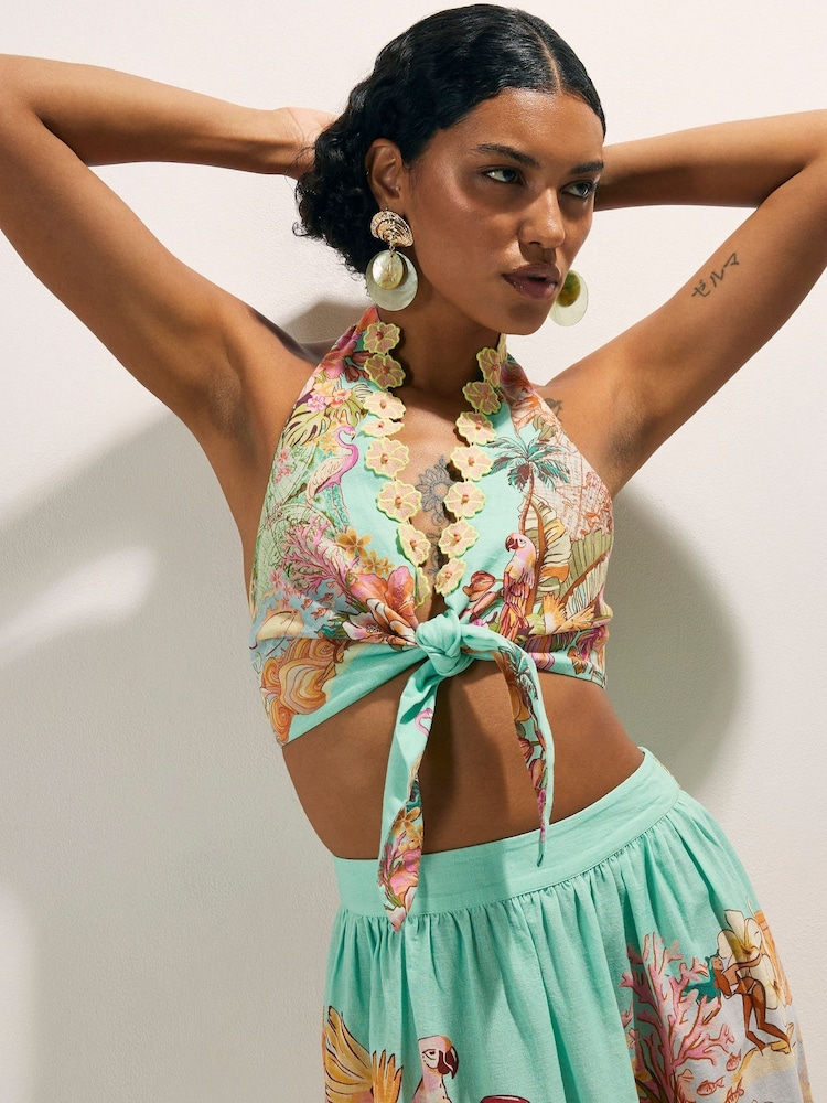 River Island Green Del Maar Halter Neck Floral Cutwork Tie Front Top - Image 1 of 4 River Island Green Del Maar Halter Neck Floral Cutwork Tie Front Top - Image 1 of 4