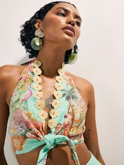 River Island Green Del Maar Halter Neck Floral Cutwork Tie Front Top - Image 2 of 4