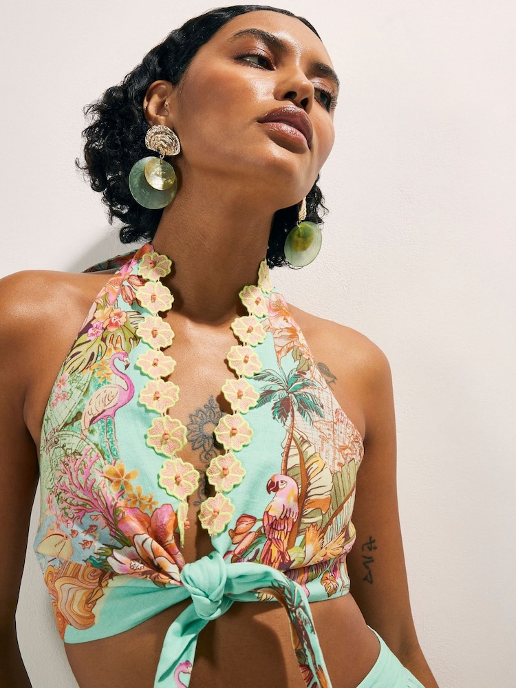 River Island Green Del Maar Halter Neck Floral Cutwork Tie Front Top - Image 2 of 4 River Island Green Del Maar Halter Neck Floral Cutwork Tie Front Top - Image 2 of 4