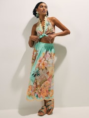 River Island Green Del Maar Halter Neck Floral Cutwork Tie Front Top - Image 3 of 4