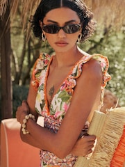 River Island Pink Del Maar Frill Sleeve Floral Plunge Swimsuit - Image 2 of 4