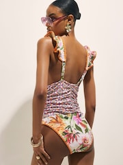 River Island Pink Del Maar Frill Sleeve Floral Plunge Swimsuit - Image 4 of 4