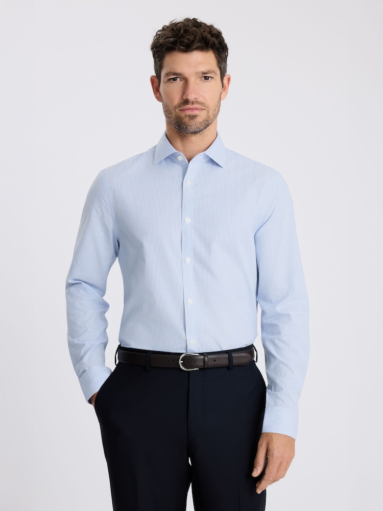 MOSS Blue Slim Fit Stripe Non Iron Cotton Shirt - Image 1 of 3 MOSS Blue Slim Fit Stripe Non Iron Cotton Shirt - Image 1 of 3