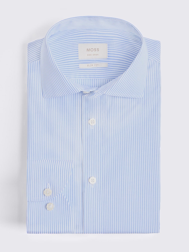 MOSS Blue Slim Fit Stripe Non Iron Cotton Shirt - Image 3 of 3 MOSS Blue Slim Fit Stripe Non Iron Cotton Shirt - Image 3 of 3