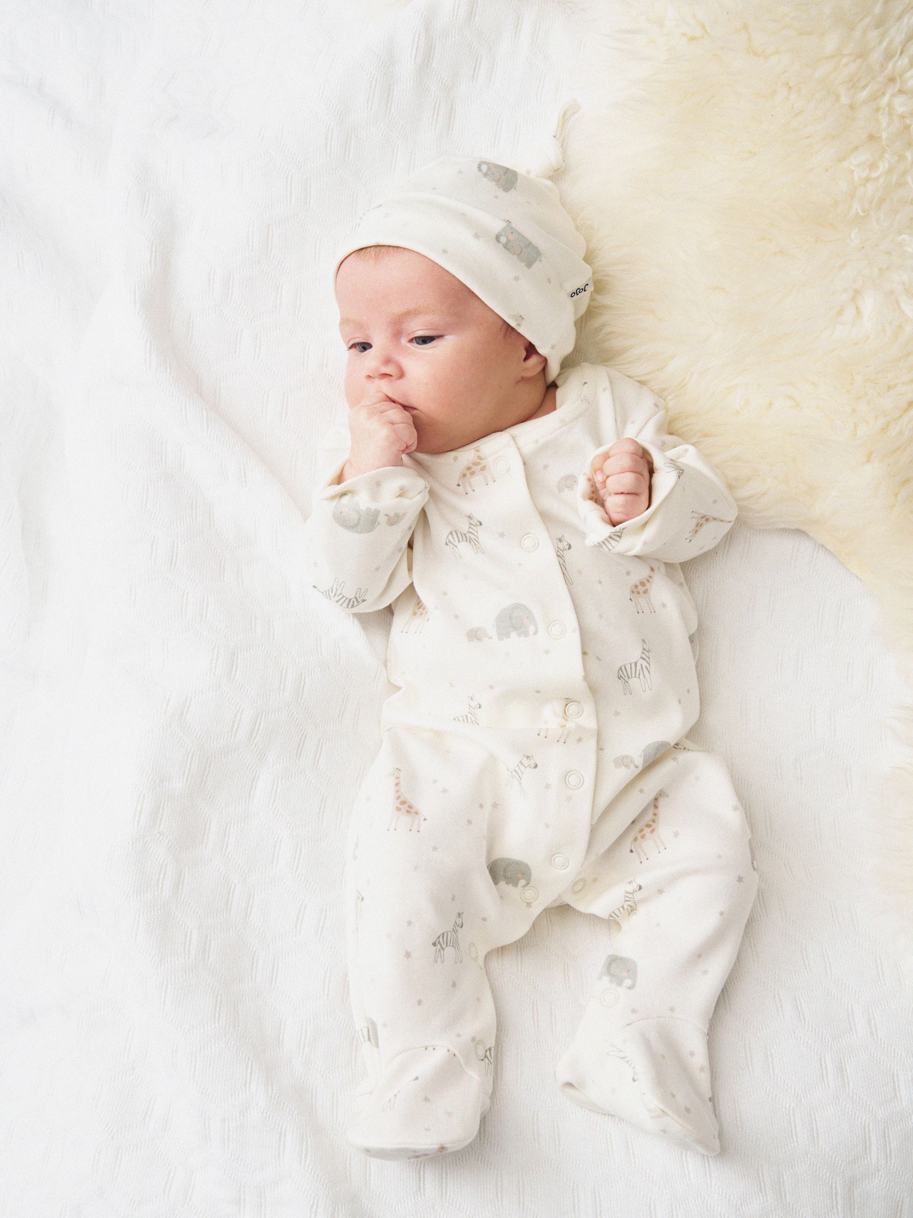 Jojo Maman Bébé Cream Safari Sleepsuit & Hat Set view 1