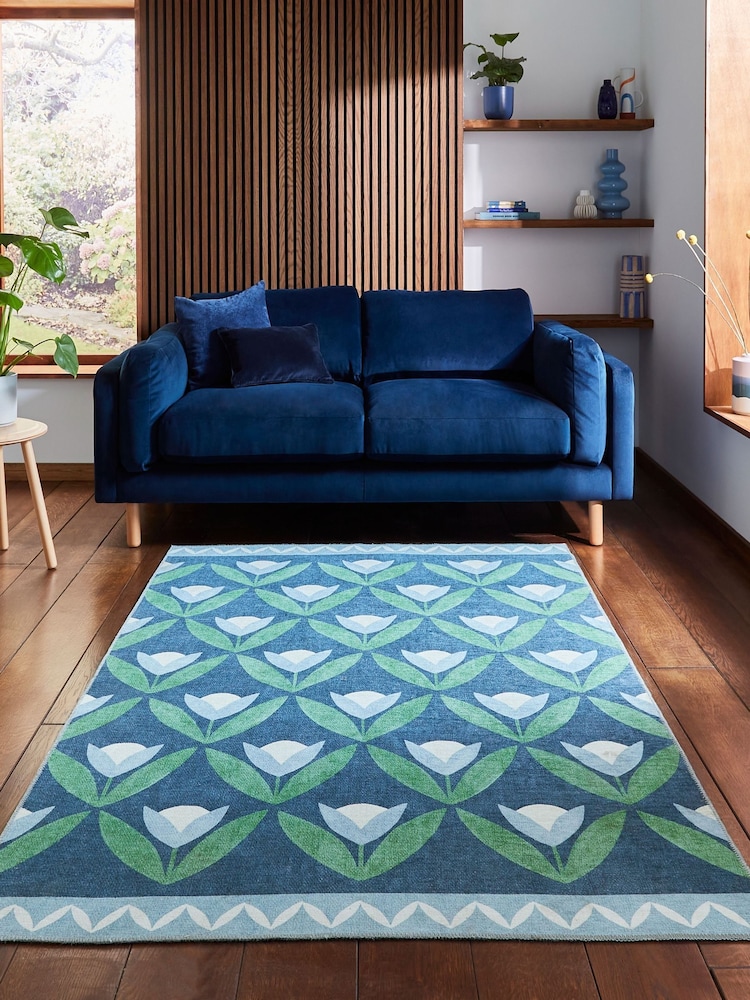 Scion Midnight Blue Tulip Trellis Blush Washable Rug - Image 1 of 6 Scion Midnight Blue Tulip Trellis Blush Washable Rug - Image 1 of 6