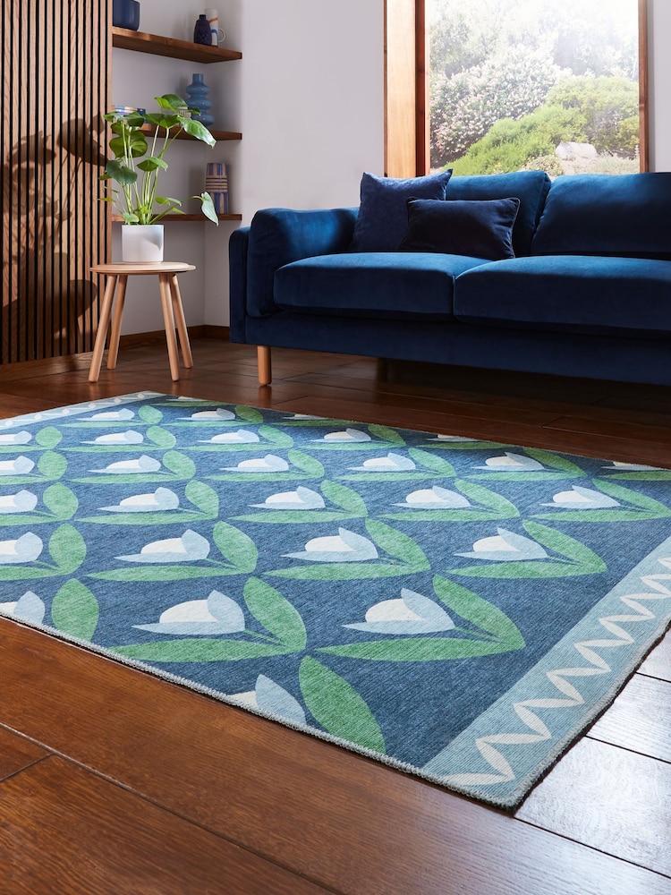 Scion Midnight Blue Tulip Trellis Blush Washable Rug - Image 2 of 6 Scion Midnight Blue Tulip Trellis Blush Washable Rug - Image 2 of 6