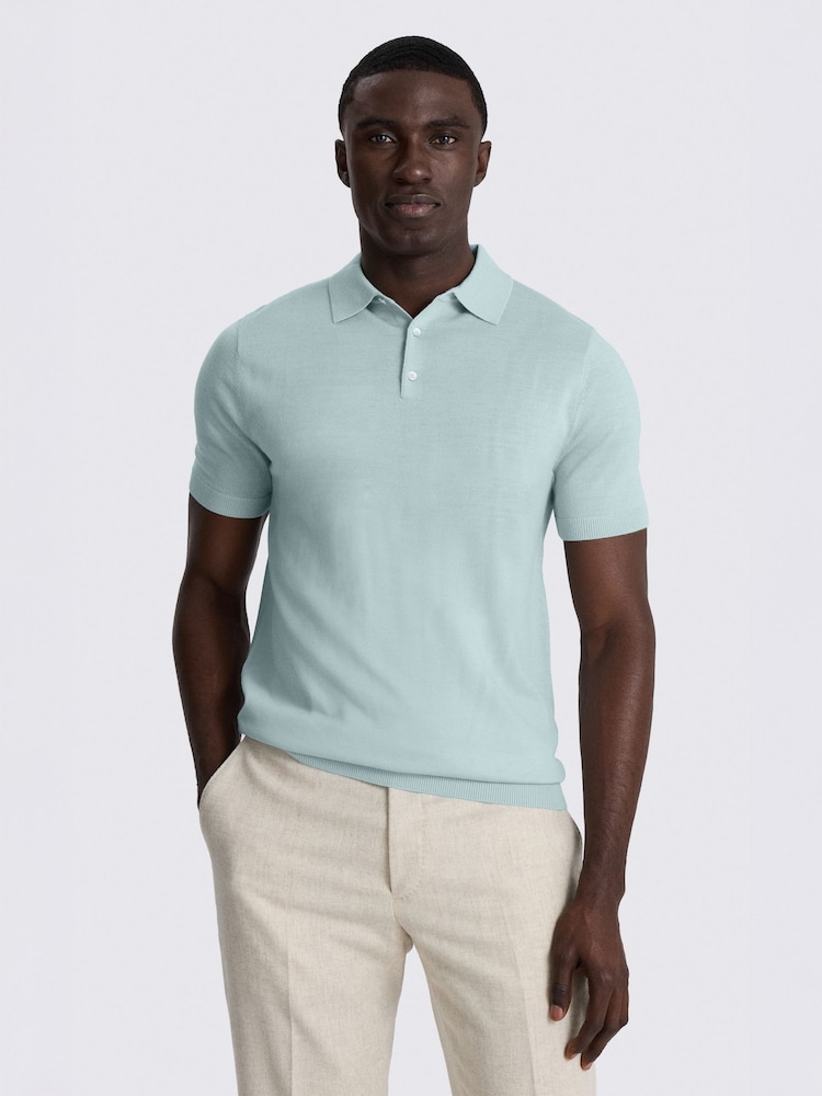 MOSS Blue Merino Knitted Polo Shirt - Image 1 of 4