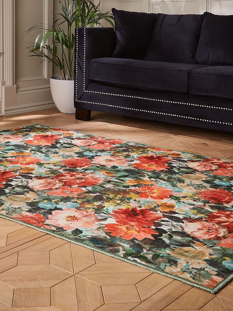 Clarke and Clarke Teal & Rouge Red Tahiti Spring Washable Rug - Image 1 of 6 Clarke and Clarke Teal & Rouge Red Tahiti Spring Washable Rug - Image 1 of 6