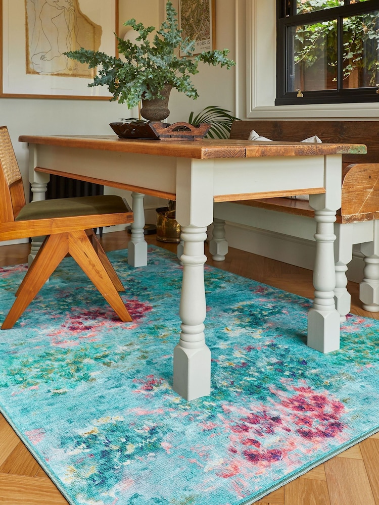 Clarke and Clarke Rose Teal Teal Blue Fiore Rose Teal Washable Rug - Image 2 of 6 Clarke and Clarke Rose Teal Teal Blue Fiore Rose Teal Washable Rug - Image 2 of 6