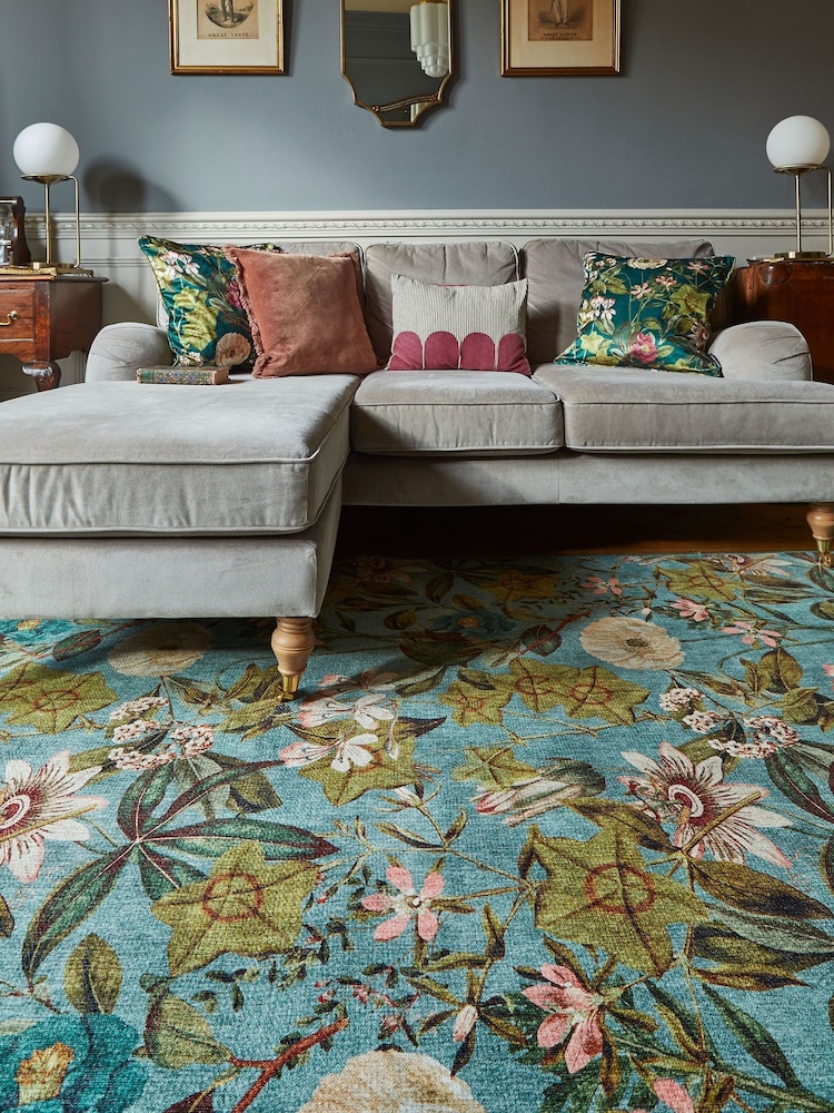 Clarke & Clarke Mineral Teal Blue Passiflora Blush Washable Rug - Image 2 of 6 Clarke & Clarke Mineral Teal Blue Passiflora Blush Washable Rug - Image 2 of 6