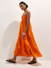 River Island Orange Del Maar Bandeau Crochet Flower Ruffle Maxi Dress - Image 2 of 4