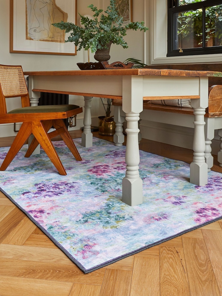 Clarke and Clarke Heather Purple Fiore Rose Teal Washable Rug - Image 2 of 6 Clarke and Clarke Heather Purple Fiore Rose Teal Washable Rug - Image 2 of 6