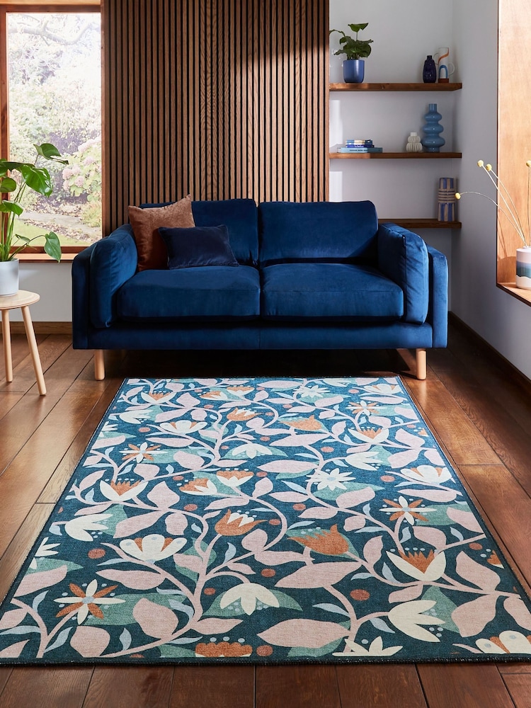 Scion Ink/Blush Blue Dancing Daisies Juniper/Violet Washable Rug - Image 1 of 6 Scion Ink/Blush Blue Dancing Daisies Juniper/Violet Washable Rug - Image 1 of 6