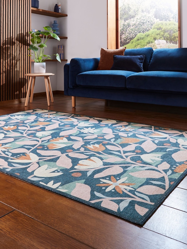 Scion Ink/Blush Blue Dancing Daisies Juniper/Violet Washable Rug - Image 2 of 6 Scion Ink/Blush Blue Dancing Daisies Juniper/Violet Washable Rug - Image 2 of 6