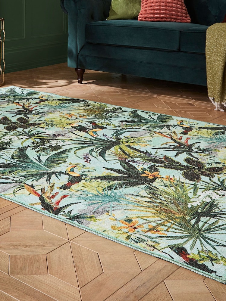 Clarke and Clarke Sky Green Toucan Antique Washable Rug - Image 1 of 6 Clarke and Clarke Sky Green Toucan Antique Washable Rug - Image 1 of 6