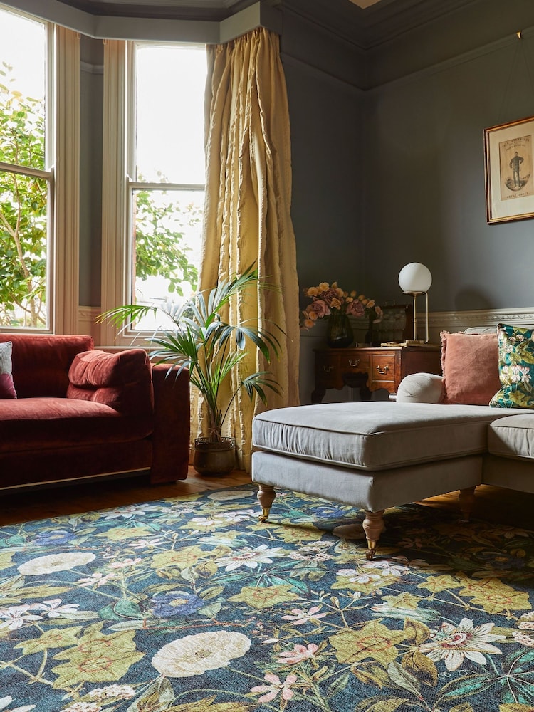 Clarke & Clarke Forest Green Passiflora Blush Washable Rug - Image 2 of 6 Clarke & Clarke Forest Green Passiflora Blush Washable Rug - Image 2 of 6