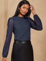 Love & Roses Navy Blue Long Sleeve Lace Top - Image 1 of 5