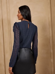 Love & Roses Navy Blue Long Sleeve Lace Top - Image 4 of 5