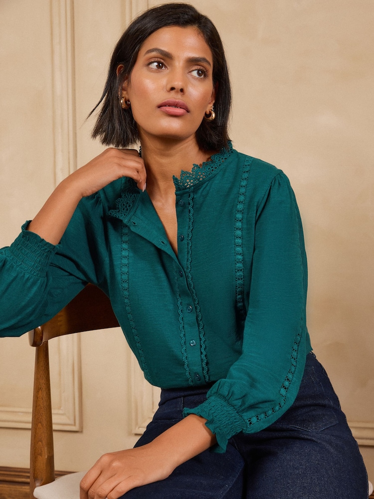 Love & Roses Teal Blue 3/4 Sleeve Broderie Jersey Shirt - Image 1 of 4 Love & Roses Teal Blue 3/4 Sleeve Broderie Jersey Shirt - Image 1 of 4