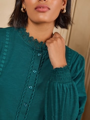 Love & Roses Teal Blue 3/4 Sleeve Broderie Jersey Shirt - Image 2 of 4