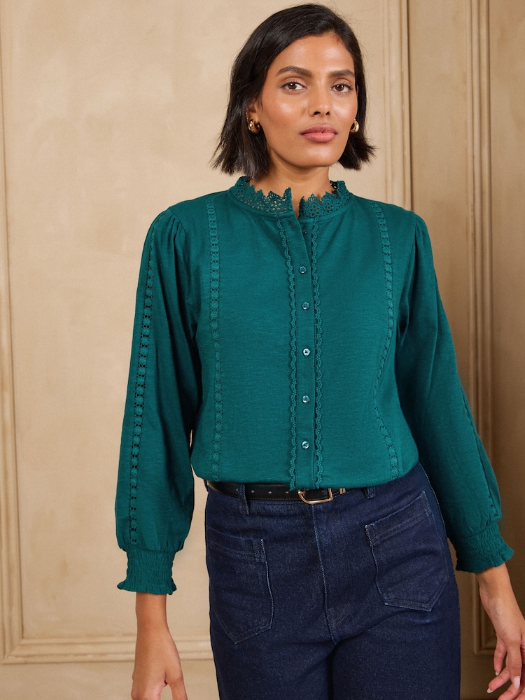 Love & Roses Teal Blue 3/4 Sleeve Broderie Jersey Shirt - Image 4 of 4 Love & Roses Teal Blue 3/4 Sleeve Broderie Jersey Shirt - Image 4 of 4