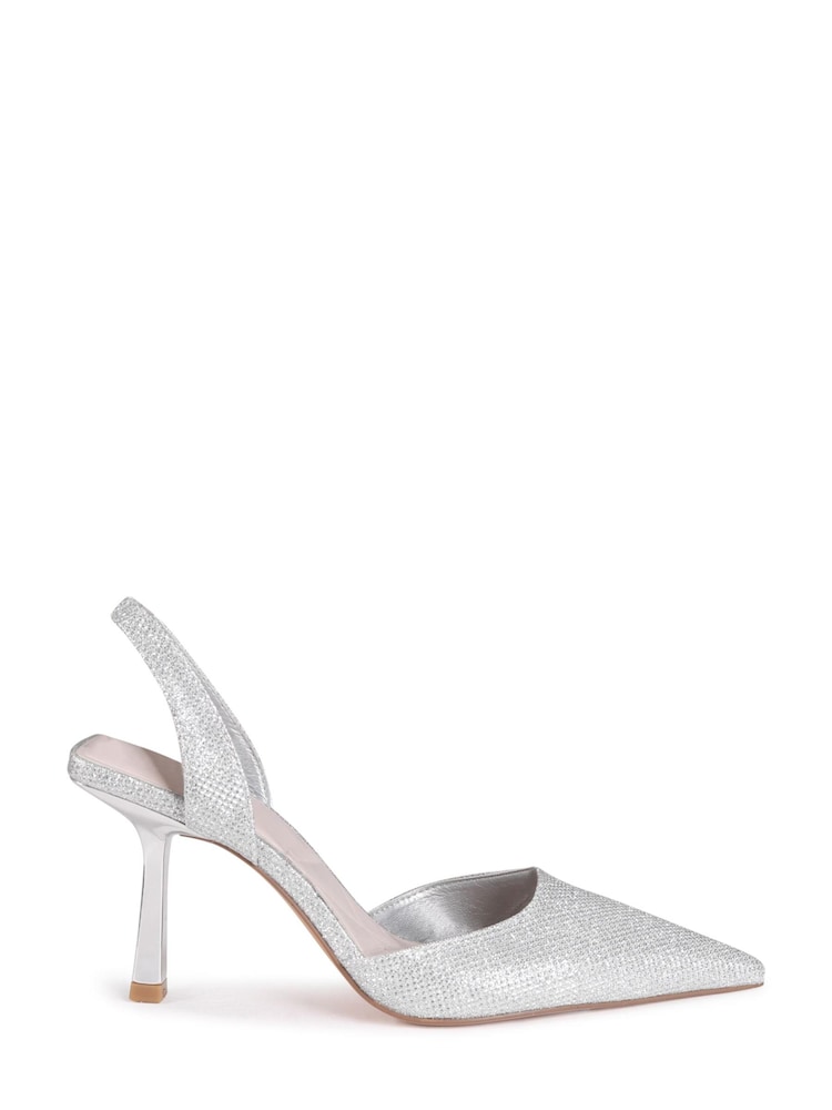Linzi Silver Fenella Glitter Sling Back Court Style Heel With Chrome Heel - Image 2 of 4