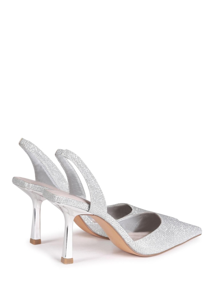 Linzi Silver Fenella Glitter Sling Back Court Style Heel With Chrome Heel - Image 4 of 4 Linzi Silver Fenella Glitter Sling Back Court Style Heel With Chrome Heel - Image 4 of 4