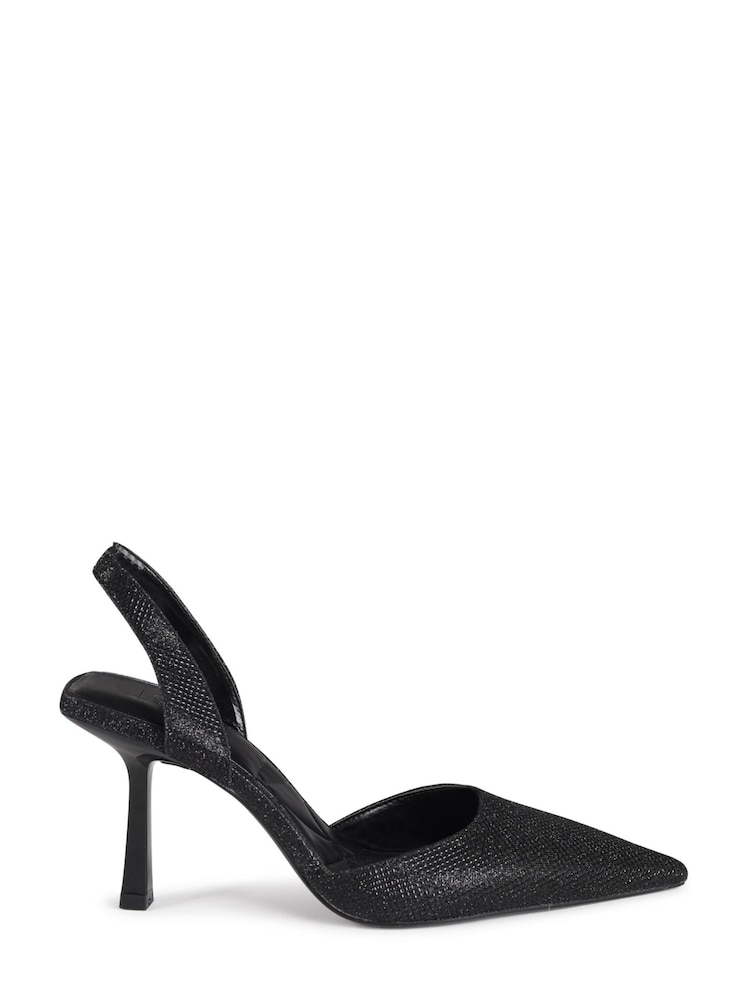 Linzi Black Fenella Glitter Sling Back Court Style Heel With Chrome Heel - Image 2 of 4 Linzi Black Fenella Glitter Sling Back Court Style Heel With Chrome Heel - Image 2 of 4