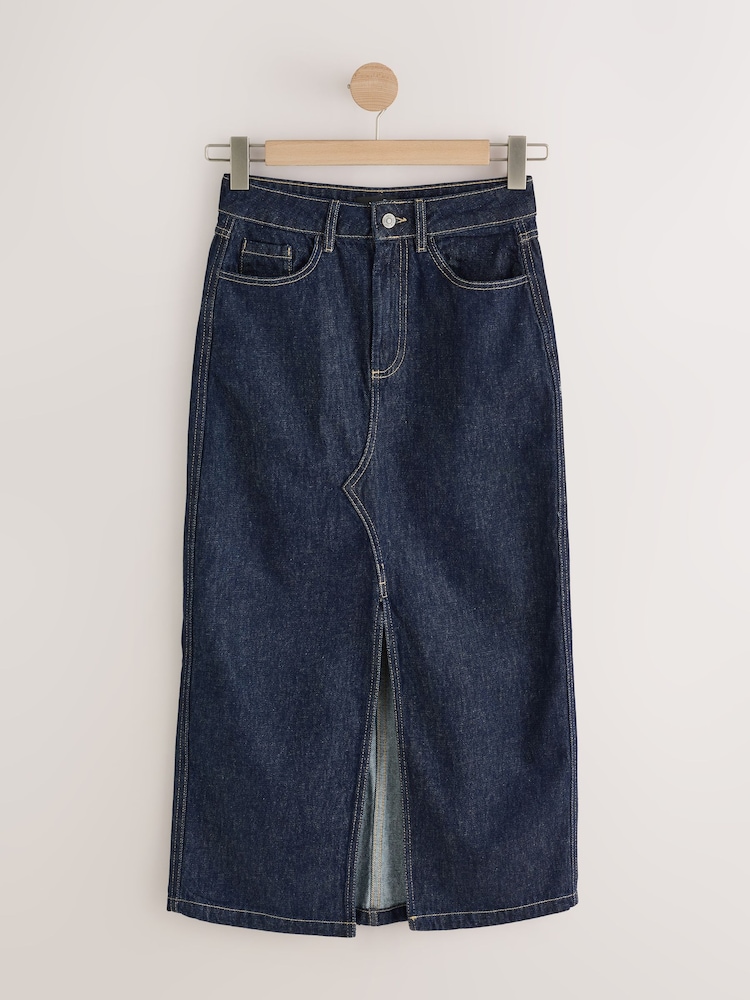 Indigo Rinse Blue Split Front Maxi Denim Skirt - Image 1 of 3 Indigo Rinse Blue Split Front Maxi Denim Skirt - Image 1 of 3