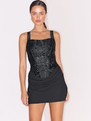 Lipsy Black Jacquard Corset Mini Dress - Image 1 of 5