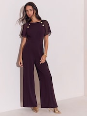 Lipsy Burgundy Red Chiffon Flutter Sleeve Miltary Button Jumpsuit - Image 1 of 5