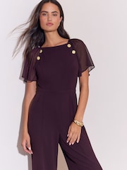 Lipsy Burgundy Red Chiffon Flutter Sleeve Miltary Button Jumpsuit - Image 2 of 5