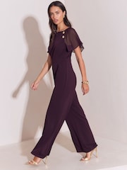Lipsy Burgundy Red Chiffon Flutter Sleeve Miltary Button Jumpsuit - Image 3 of 5