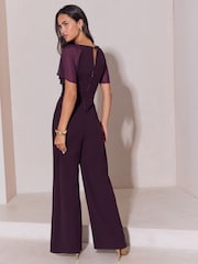 Lipsy Burgundy Red Chiffon Flutter Sleeve Miltary Button Jumpsuit - Image 5 of 5