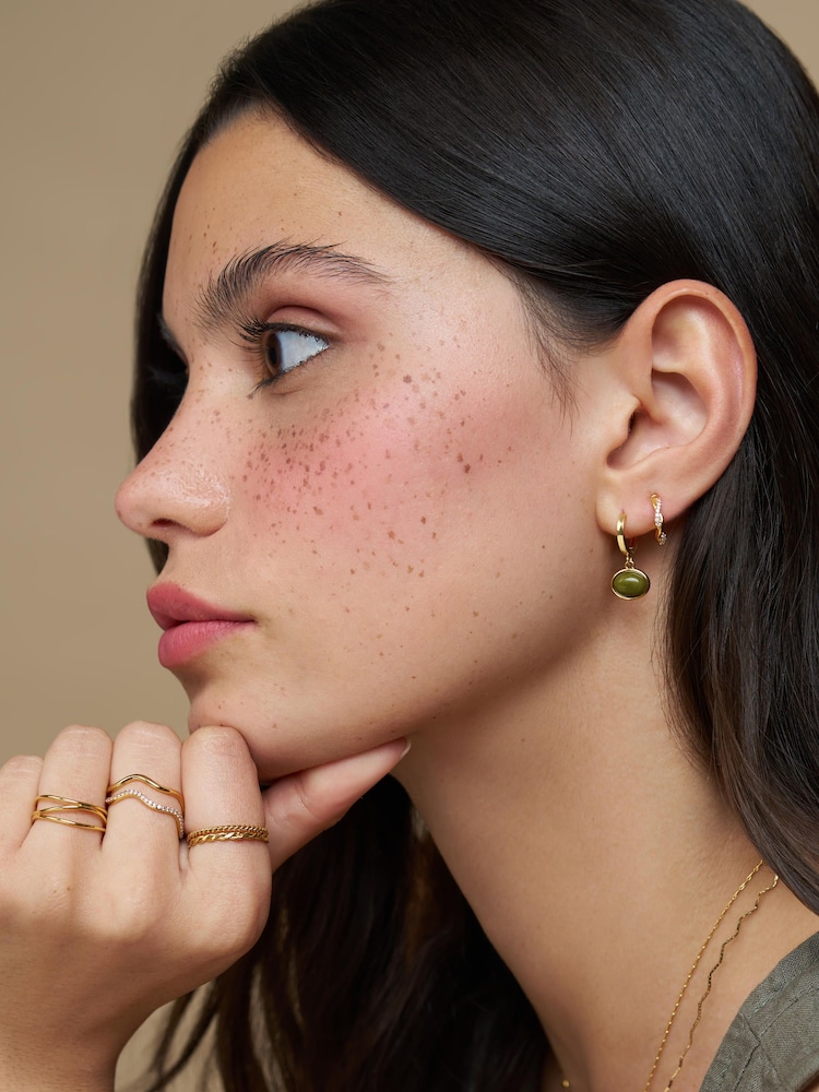 Orelia London Gold Tone Semi-Precious Green Jade Micro Hoop Earrings - Image 2 of 4