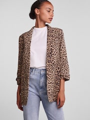 Pieces Leopard Print Relaxed Ruched Sleeve Workwear Blazer - Image 1 of 5
