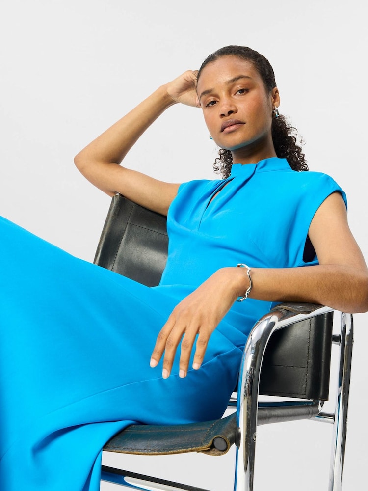 Whistles Blue Twist Neck Crepe Midi Dress - Image 2 of 5 Whistles Blue Twist Neck Crepe Midi Dress - Image 2 of 5