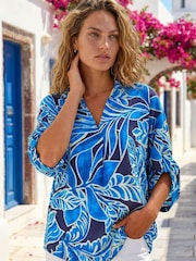 Roman Blue Leaf Print Pleated Collared Top - Image 1 of 4