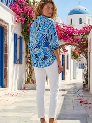 Roman Blue Leaf Print Pleated Collared Top - Image 3 of 4