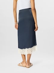 Whistles Blue Lace Hem Satin Midi Skirt - Image 4 of 5