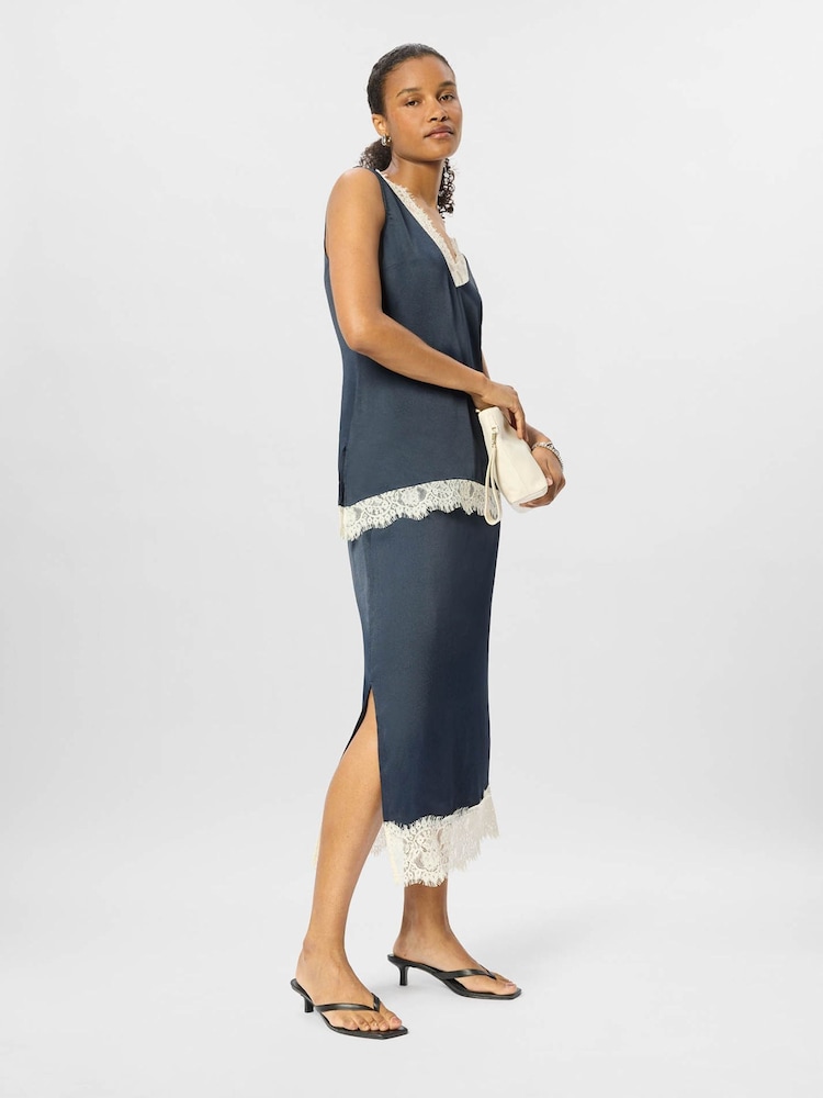 Whistles Blue Lace Hem Satin Midi Skirt - Image 5 of 5