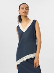 Whistles Navy Blue Lace Trim Satin Camisole Top - Image 5 of 5