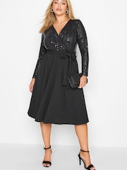 Yours Curve Black/Grey London Sequin Wrap Skater Dress - Image 1 of 4