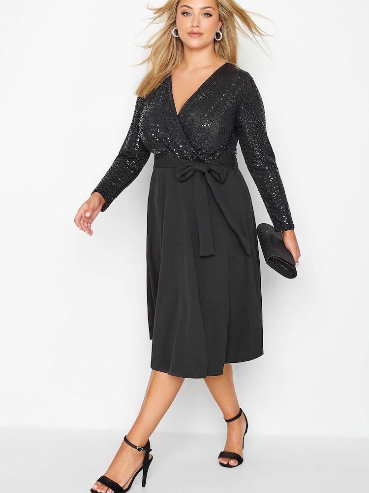 Yours Curve Black/Grey London Sequin Wrap Skater Dress - Image 2 of 4