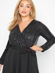 Yours Curve Black/Grey London Sequin Wrap Skater Dress - Image 4 of 4